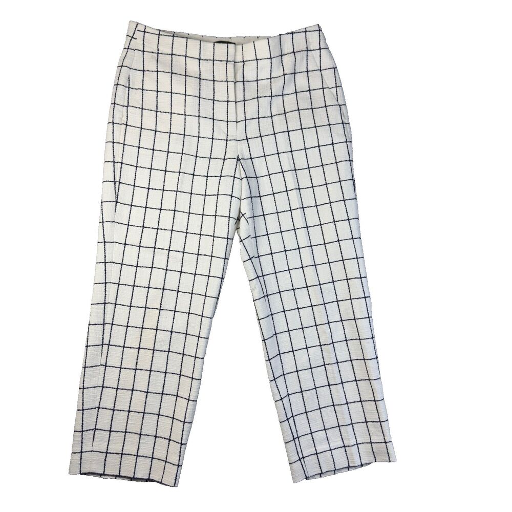 J. Crew Pants Womens 8 White Navy Windowpane Check Tweed Capri Preppy Stylish